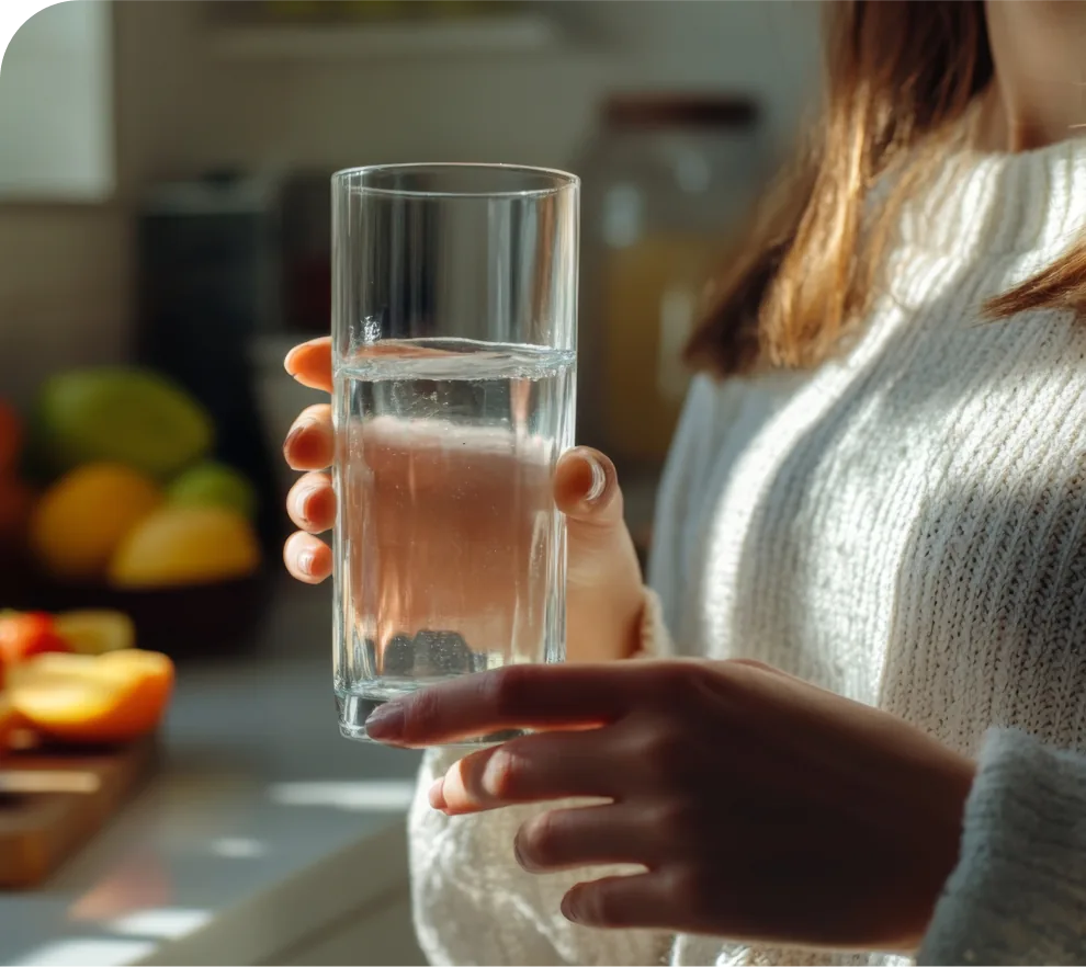 lady holding a glass of water in a sunny kitchen