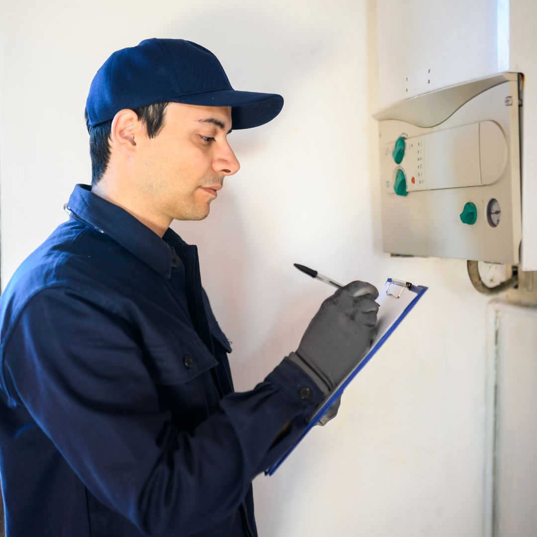 technician observing water heater taking notes on clipboard technician observing water heater taking notes on clipboard